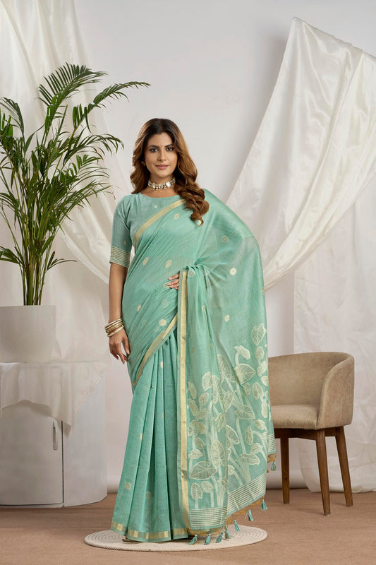 Sea Green Zari Jamdani Saree with Woven Foliage Pallu