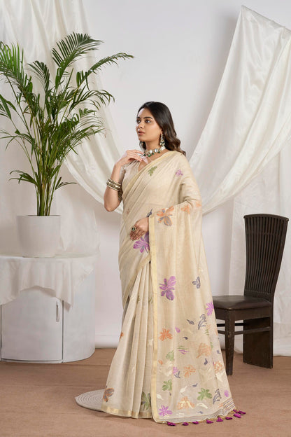 Beige Muga-Cotton Jamdani Saree with Butterfly Motifs and Jari Border,fancy Pallu Design,