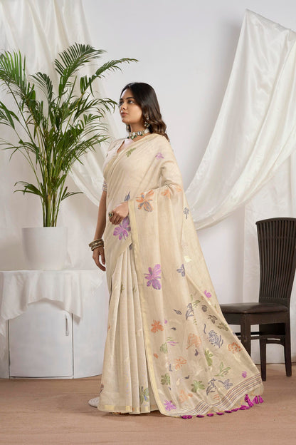 Beige Muga-Cotton Jamdani Saree with Butterfly Motifs and Jari Border,fancy Pallu Design,