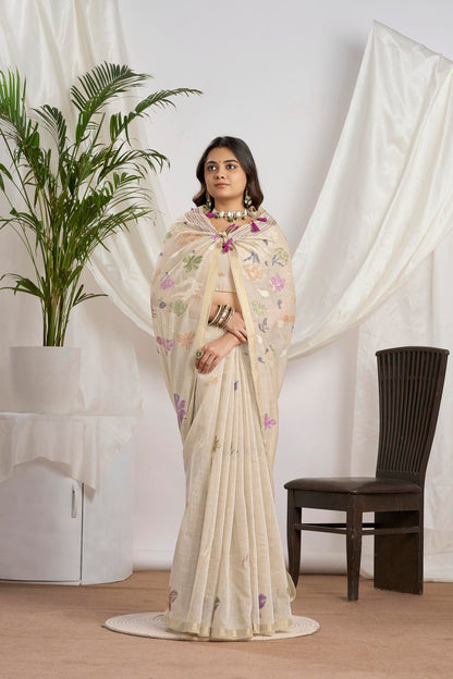 Beige Muga-Cotton Jamdani Saree with Butterfly Motifs and Jari Border,fancy Pallu Design,