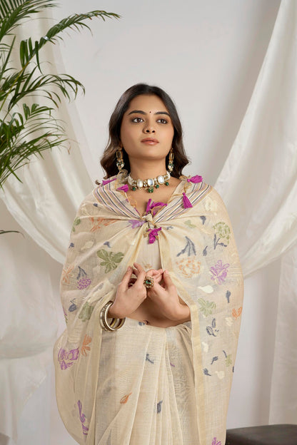 Beige Muga-Cotton Jamdani Saree with Butterfly Motifs and Jari Border,fancy Pallu Design,