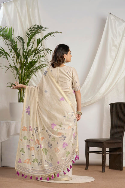 Beige Muga-Cotton Jamdani Saree with Butterfly Motifs and Jari Border,fancy Pallu Design,