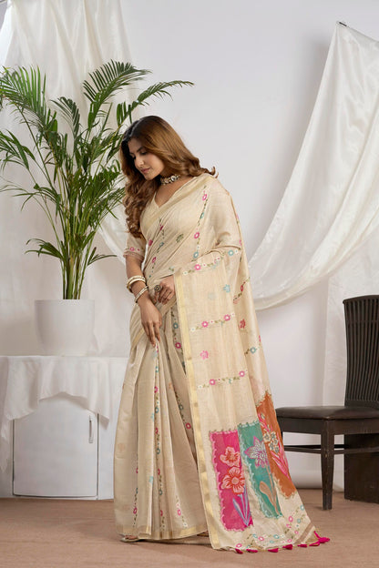 Champagne Beige Muga-Cotton Saree | Zari Jamdani Leaf Motifs and Rangkat Pallu With Floral Design,jari Patti