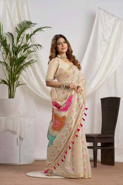Champagne Beige Muga-Cotton Saree | Zari Jamdani Leaf Motifs and Rangkat Pallu With Floral Design,jari Patti