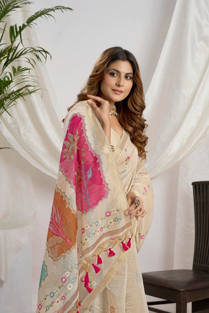 Champagne Beige Muga-Cotton Saree | Zari Jamdani Leaf Motifs and Rangkat Pallu With Floral Design,jari Patti