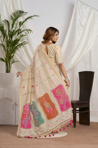 Champagne Beige Muga-Cotton Saree | Zari Jamdani Leaf Motifs and Rangkat Pallu With Floral Design,jari Patti