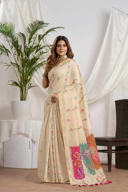 Champagne Beige Muga-Cotton Saree | Zari Jamdani Leaf Motifs and Rangkat Pallu With Floral Design,jari Patti