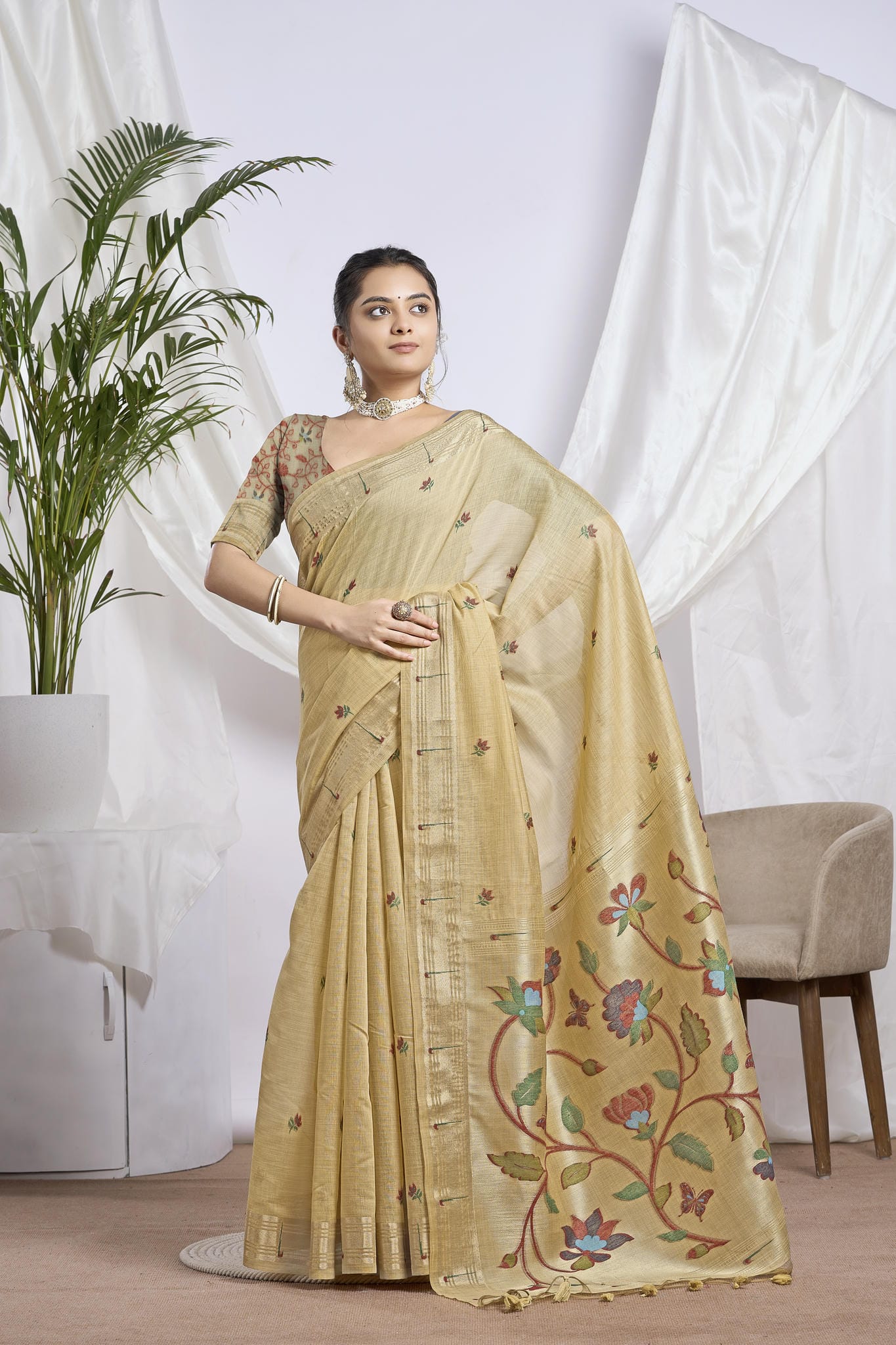 Mustard Gold Silk-Cotton Saree | Zari Jamdani Floral Weave
