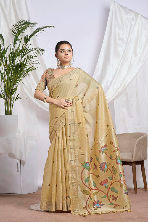 Mustard Gold Silk-Cotton Saree | Zari Jamdani Floral Weave