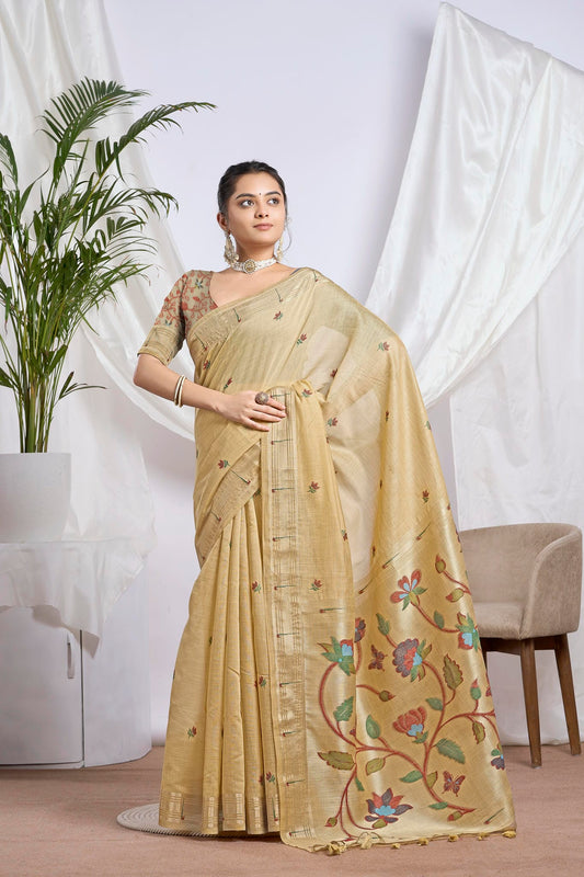 Mustard Gold Silk-Cotton Saree | Zari Jamdani Floral Weave