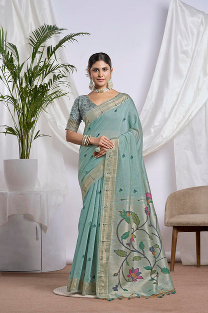 Pista Green Muga-Cotton Saree | Zari Jamdani Floral Vine