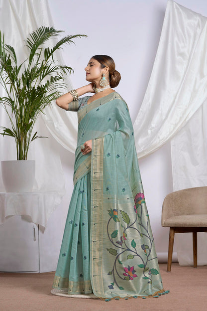 Dhakai Jamdani Saree in Dusty Teal | Broad Zari Border and Paithani