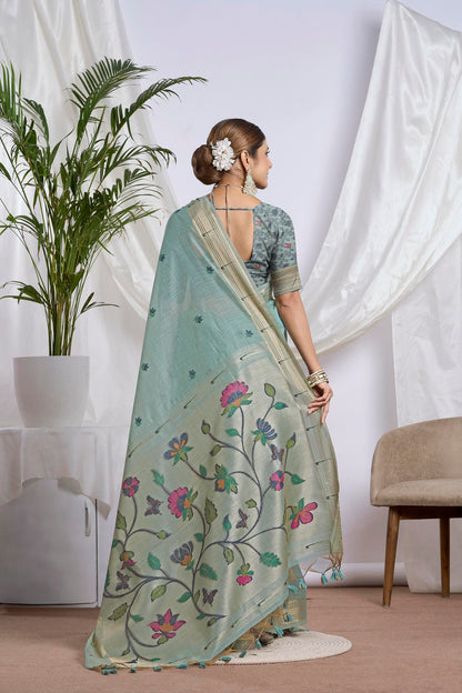 Dhakai Jamdani Saree in Dusty Teal | Broad Zari Border and Paithani
