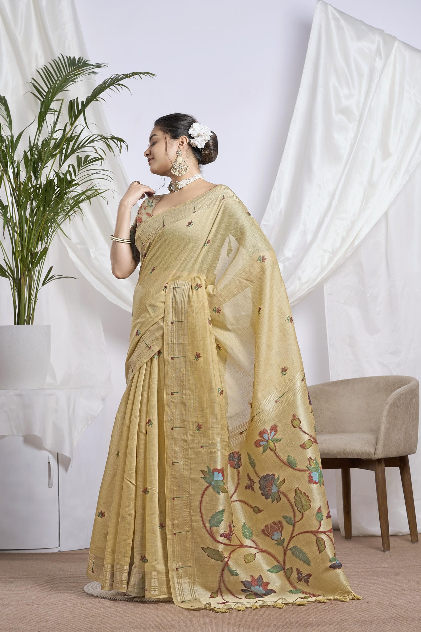 Mustard Gold Silk-Cotton Saree | Zari Jamdani Floral Weave