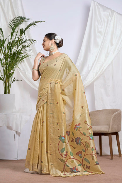 Mustard Gold Muga-Cotton Saree | Zari Jamdani Floral Weave