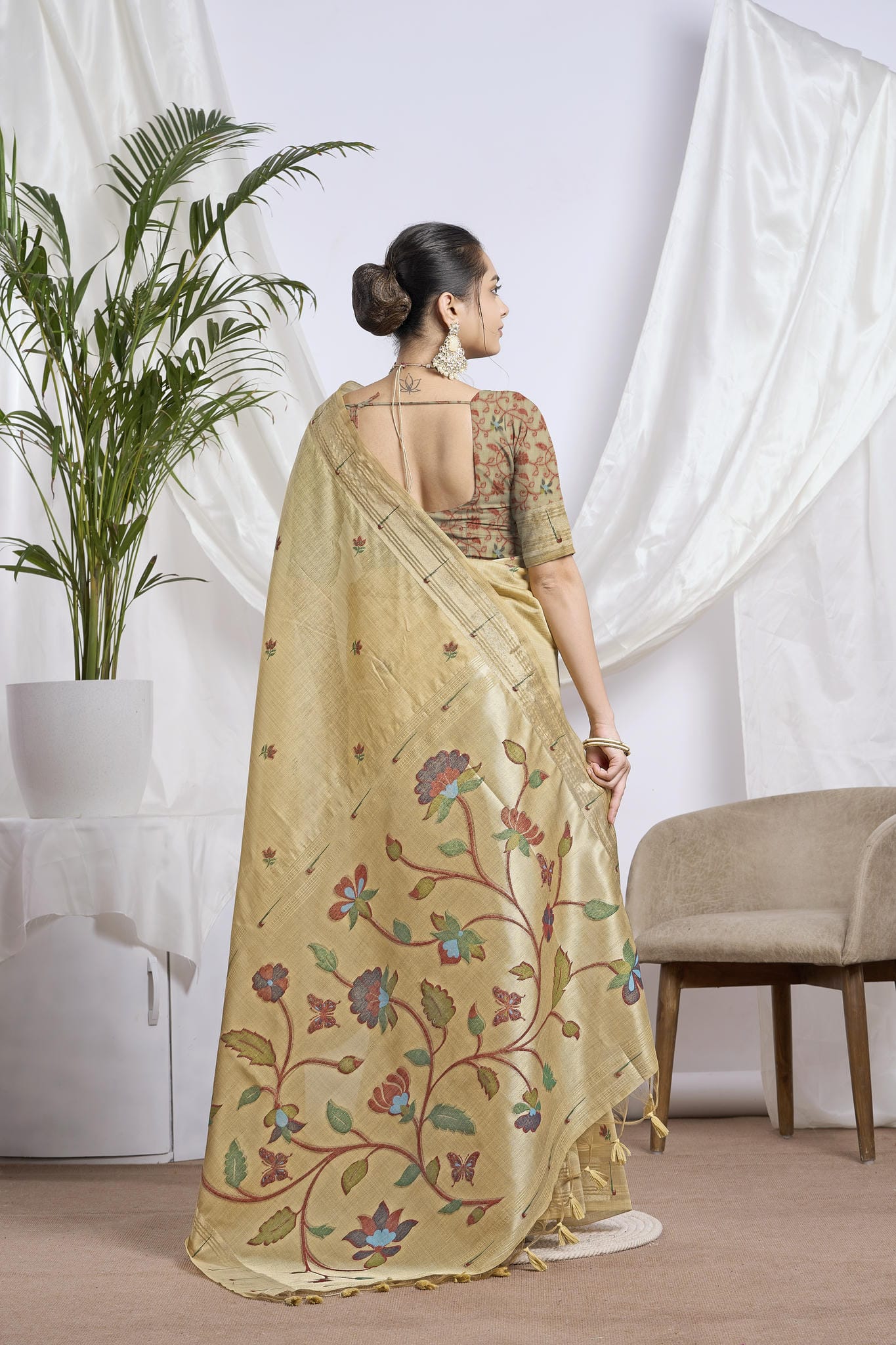 Mustard Gold Silk-Cotton Saree | Zari Jamdani Floral Weave