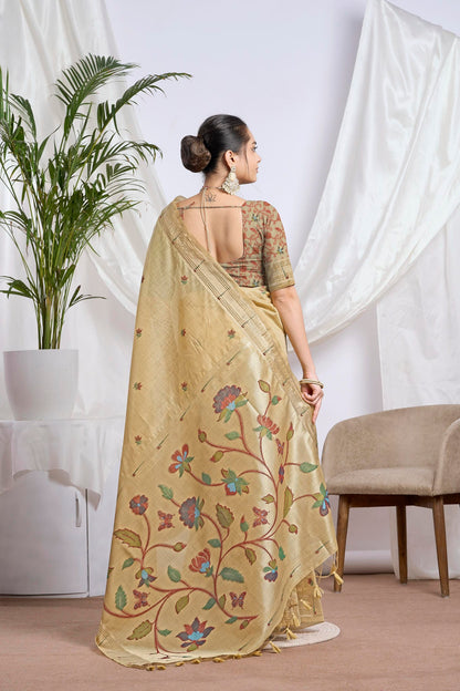 Mustard Gold Muga-Cotton Saree | Zari Jamdani Floral Weave