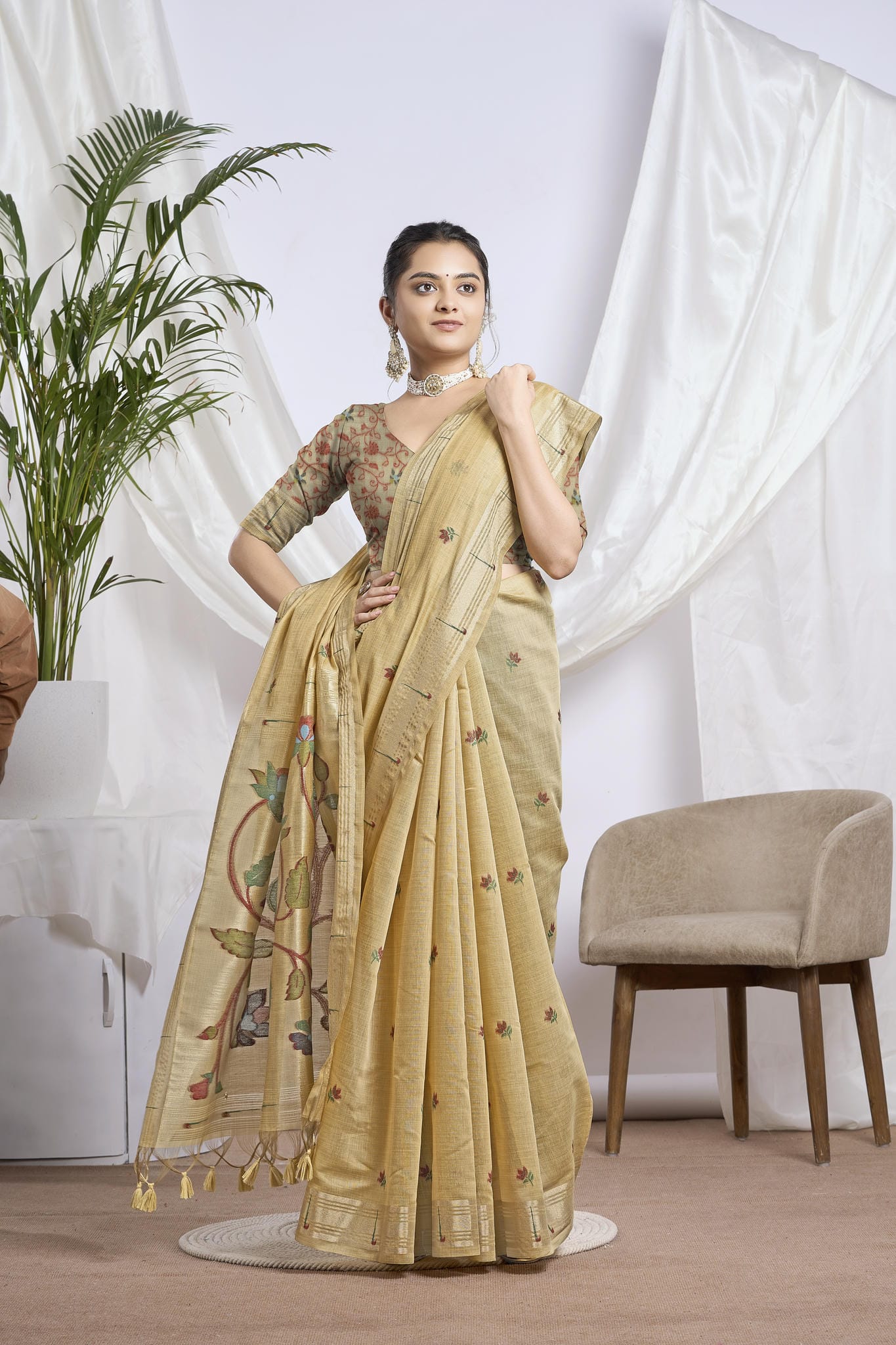 Mustard Gold Silk-Cotton Saree | Zari Jamdani Floral Weave