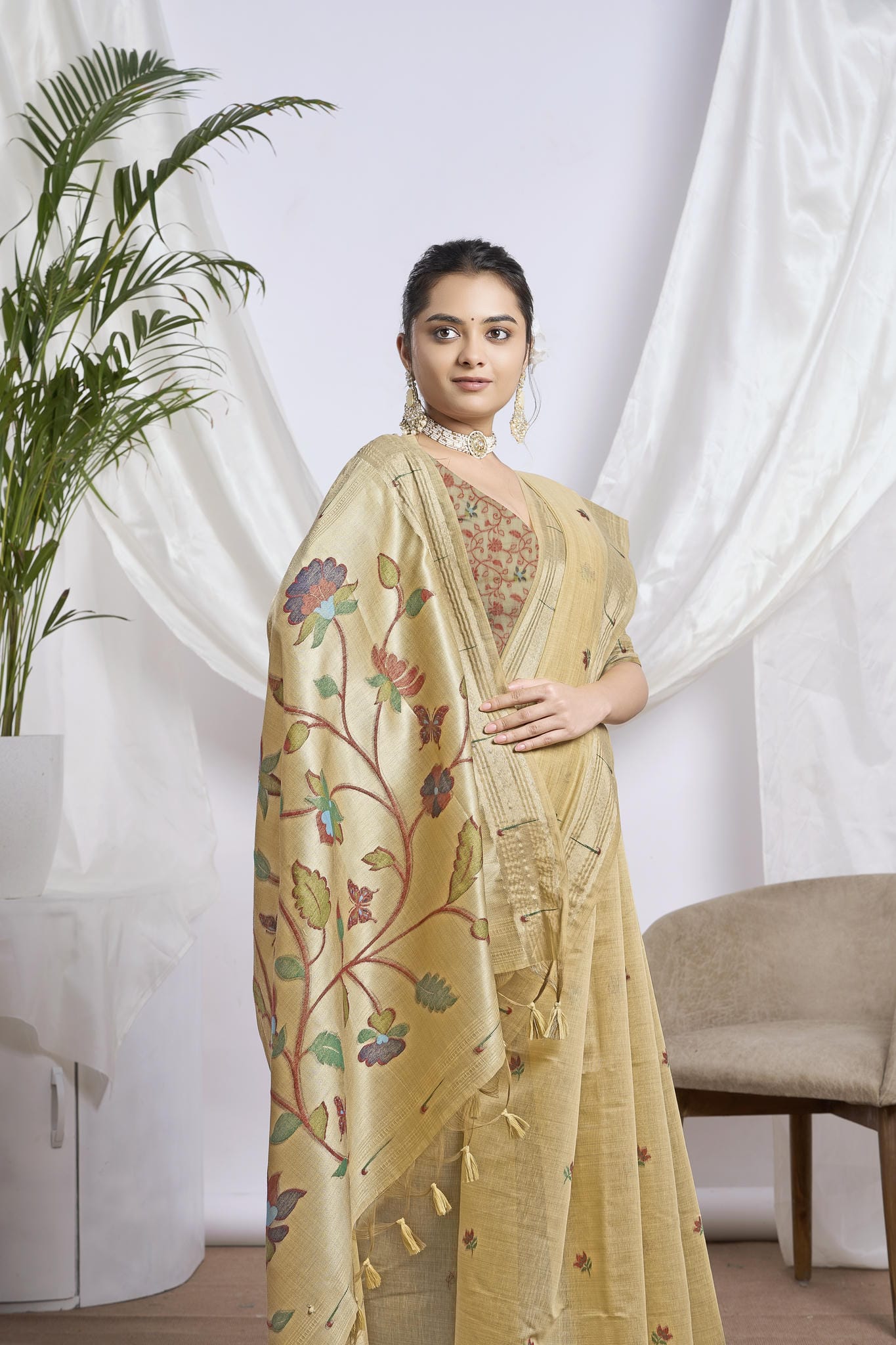 Mustard Gold Silk-Cotton Saree | Zari Jamdani Floral Weave