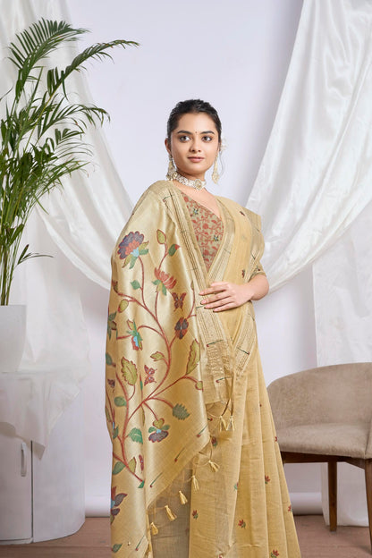 Mustard Gold Muga-Cotton Saree | Zari Jamdani Floral Weave