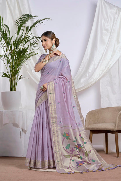 Pista Green Muga-Cotton Saree | Zari Jamdani Floral Vine
