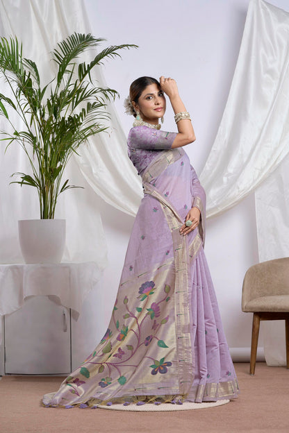 Lavender Zari Jamdani Saree | Woven Floral Vine Pallu and Paithani