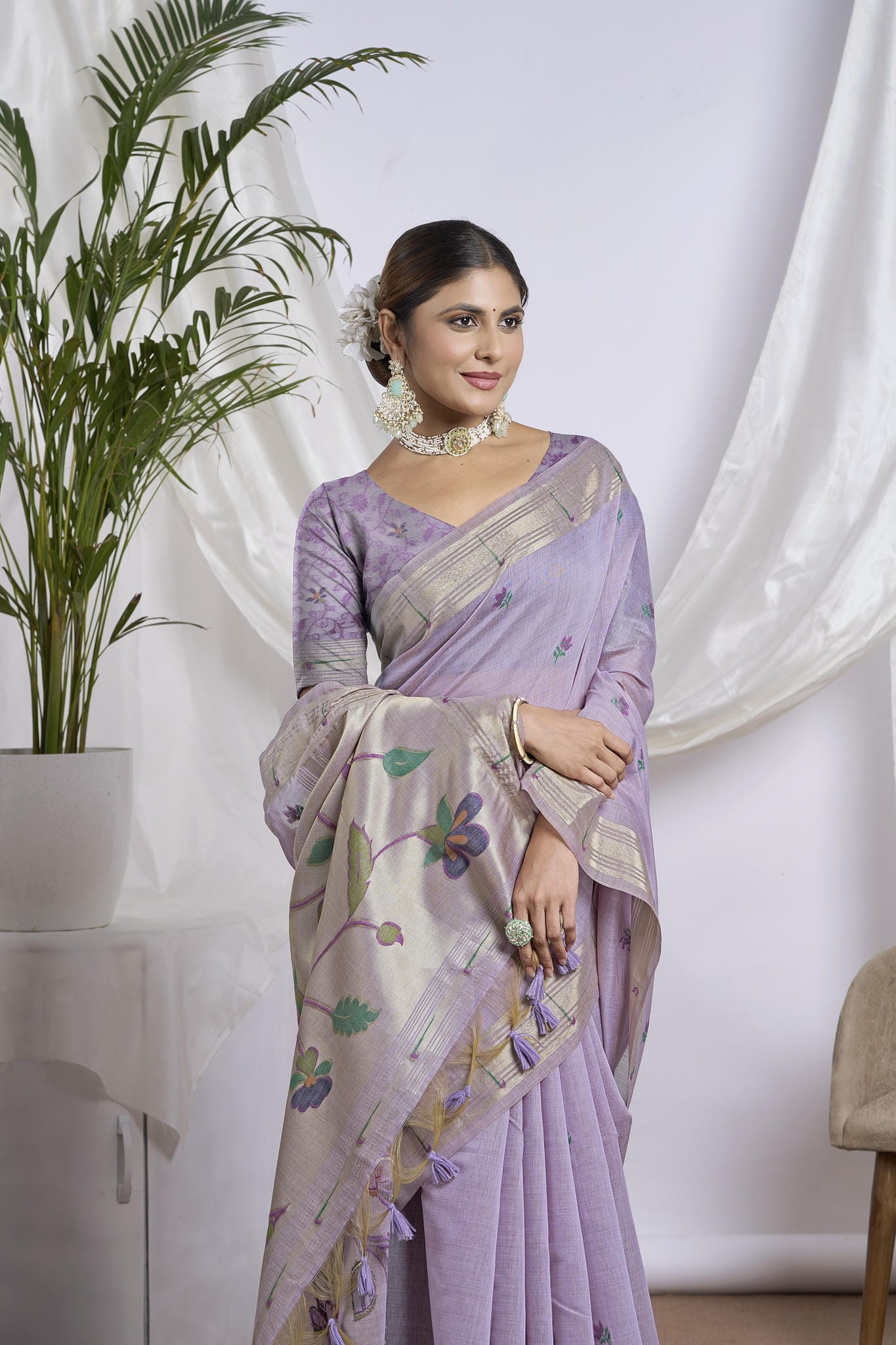 Lavender Zari Jamdani Saree | Woven Floral Vine Pallu