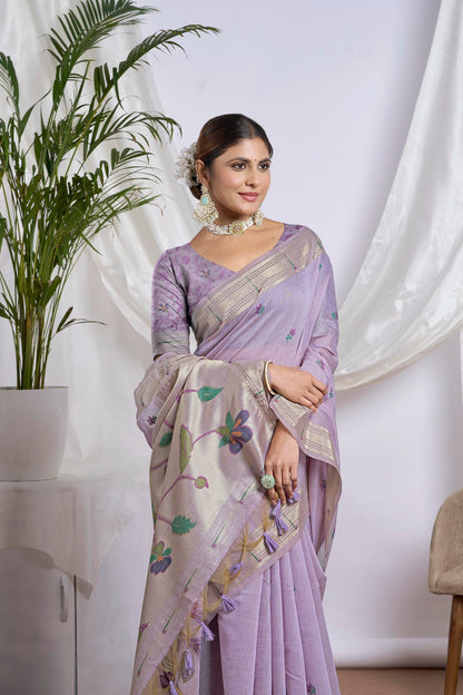 Lavender Zari Jamdani Saree | Woven Floral Vine Pallu and Paithani