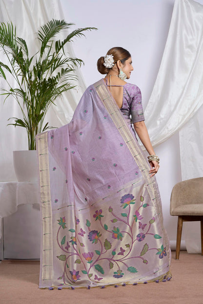 Lavender Zari Jamdani Saree | Woven Floral Vine Pallu and Paithani
