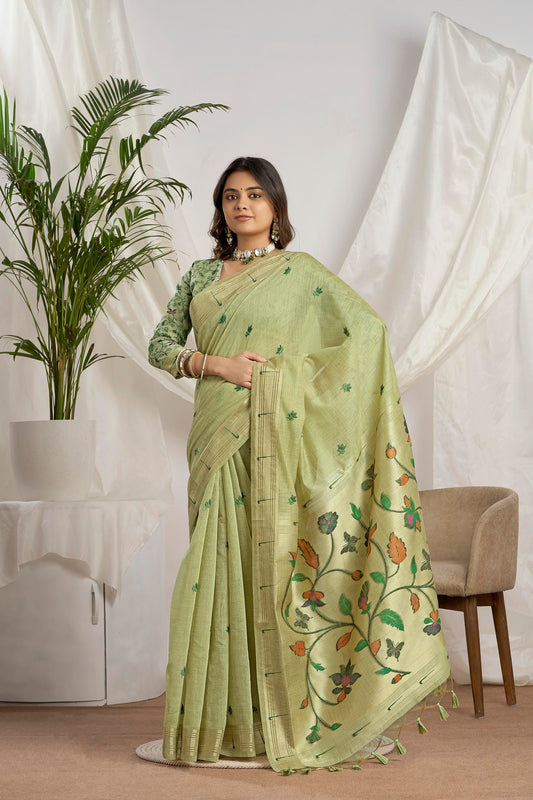 Pista Green Silk-Cotton Saree | Zari Jamdani Floral Vine