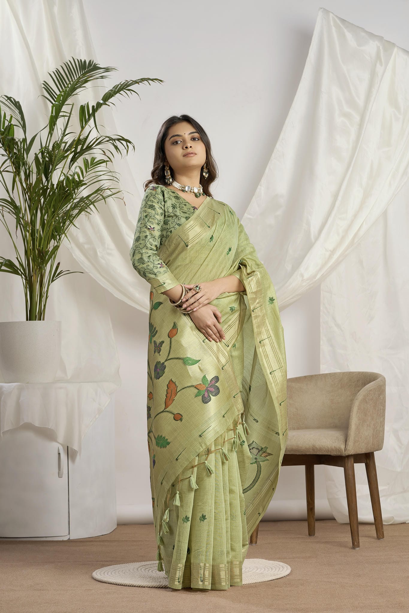 Pista Green Silk-Cotton Saree | Zari Jamdani Floral Vine