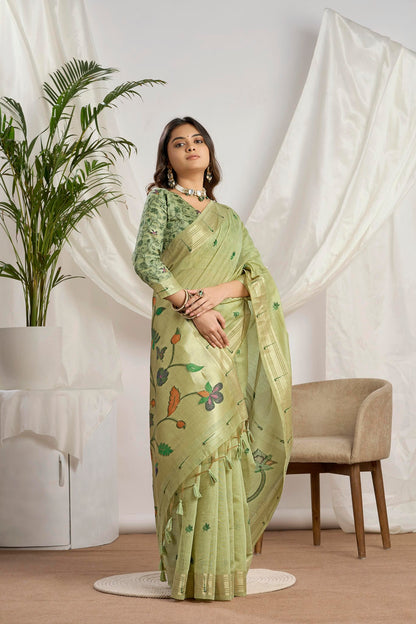 Pista Green Muga-Cotton Saree | Zari Jamdani Floral Vine