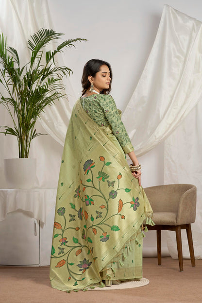 Pista Green Muga-Cotton Saree | Zari Jamdani Floral Vine