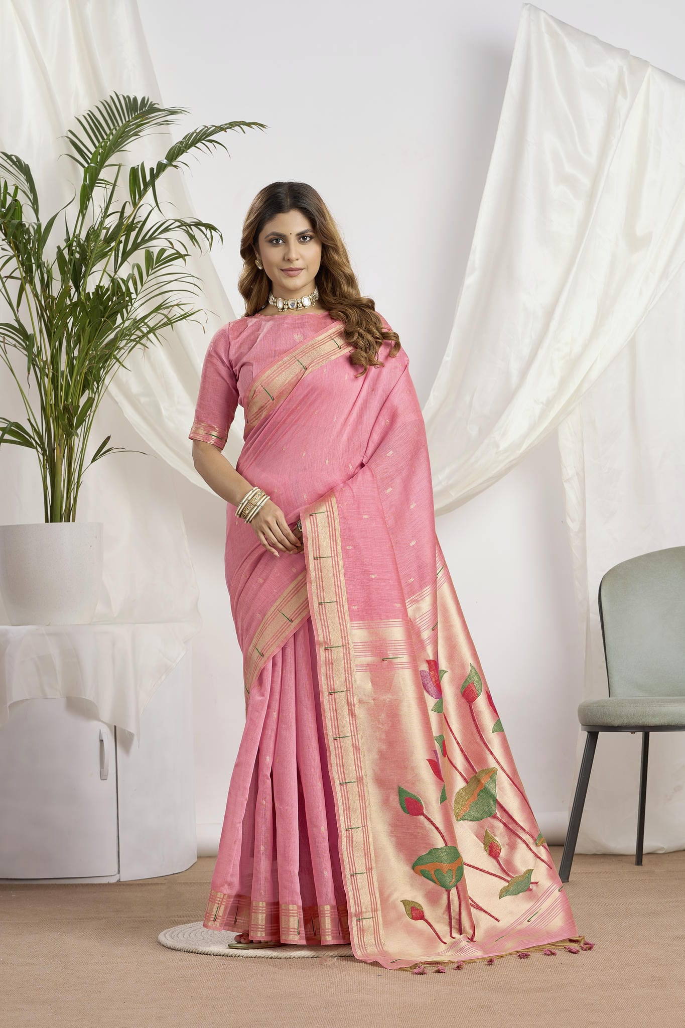 Dhakai Jamdani Saree in Rose Pink | Woven Lotus Pallu