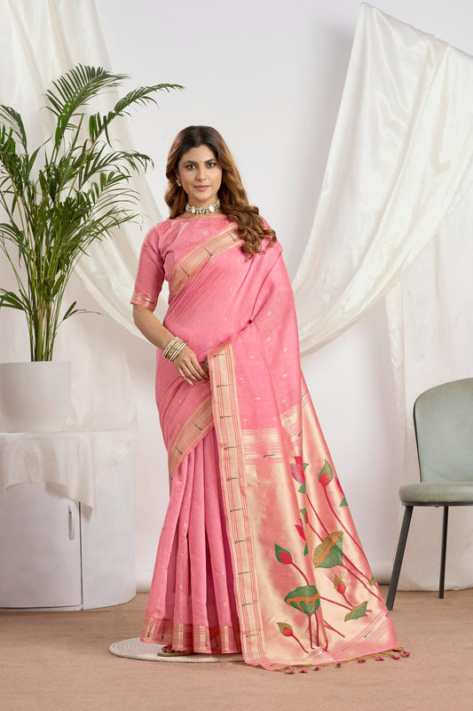 Dhakai Jamdani Saree in Rose Pink | Woven Lotus Pallu