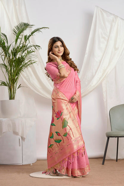 Dhakai Jamdani Saree in Rose Pink | Woven Lotus Pallu and Paithani
