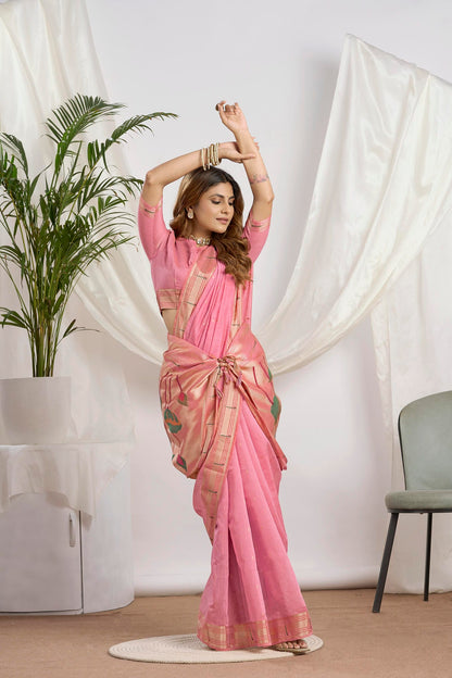 Dhakai Jamdani Saree in Rose Pink | Woven Lotus Pallu and Paithani