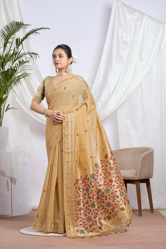 Dhakai Jamdani Saree in Antique Gold with Meenakari Pallu