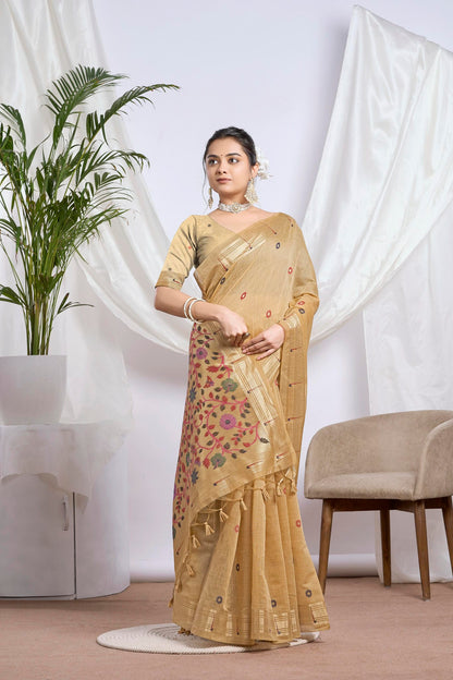 Dhakai Muga Cotton Paithani Saree in Antique Gold with Meenakari Pallu