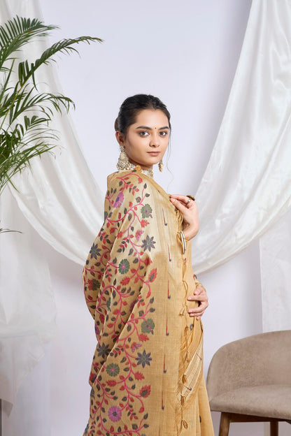 Dhakai Muga Cotton Paithani Saree in Antique Gold with Meenakari Pallu