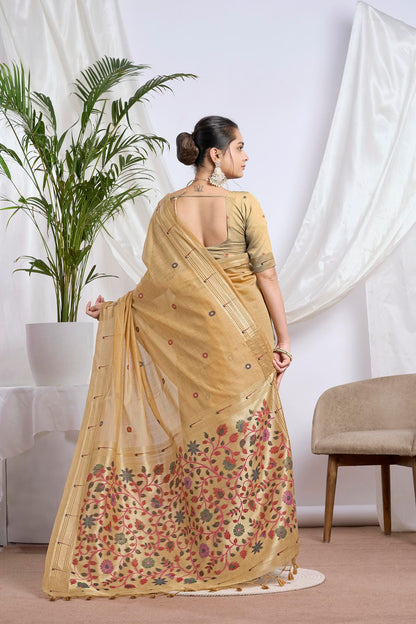 Dhakai Muga Cotton Paithani Saree in Antique Gold with Meenakari Pallu
