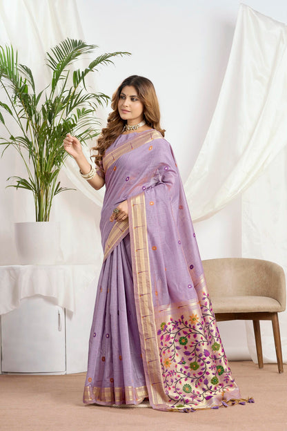 Dhakai Muga cotton Saree in Dusty Lavender paithani with Floral Pallu
