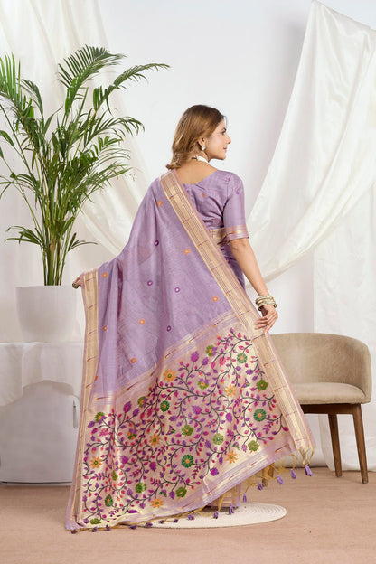 Dhakai Muga cotton Saree in Dusty Lavender paithani with Floral Pallu
