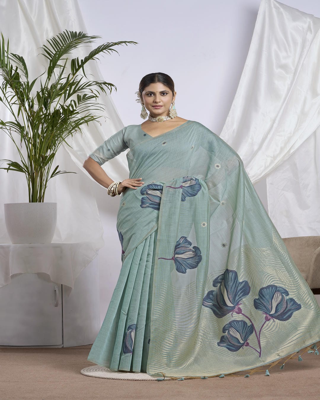 Dusty Sage Jamdani Linen-Cotton Saree | Woven Floral Motifs