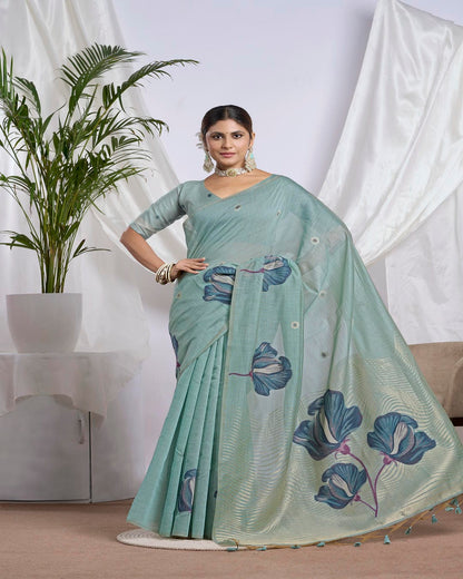 Dusty Sage Jamdani Linen-Cotton Saree | Woven Floral Motifs