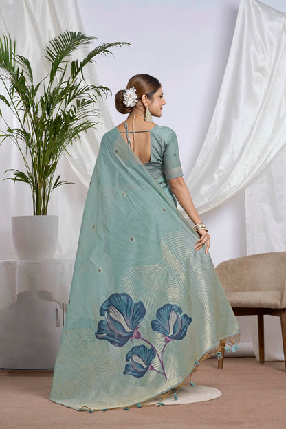 Dusty Sage Jamdani Linen-Cotton Saree | Woven Floral Motifs