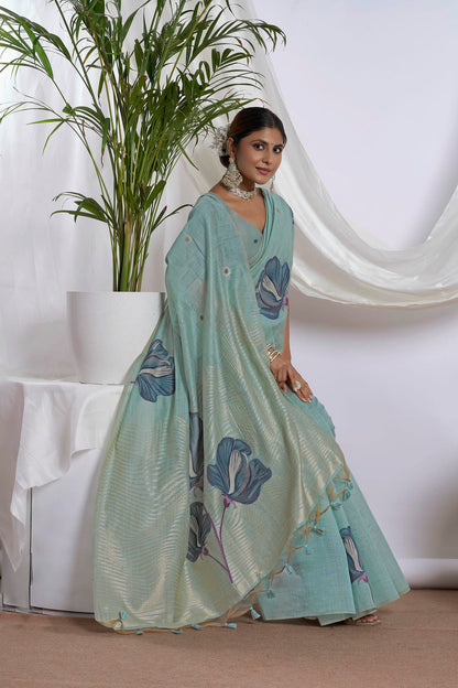Dusty Sage Jamdani Linen-Cotton Saree | Woven Floral Motifs