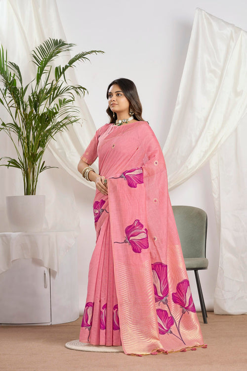 Dusty Rose Zari Jamdani Soft Cotton Saree – Woven Floral Design