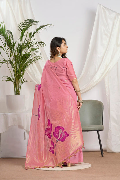 Dusty Rose Zari Jamdani Soft Cotton Saree – Woven Floral Design