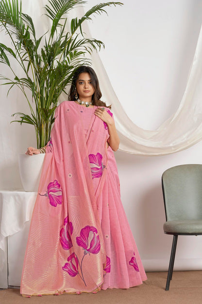 Dusty Rose Zari Jamdani Soft Cotton Saree – Woven Floral Design